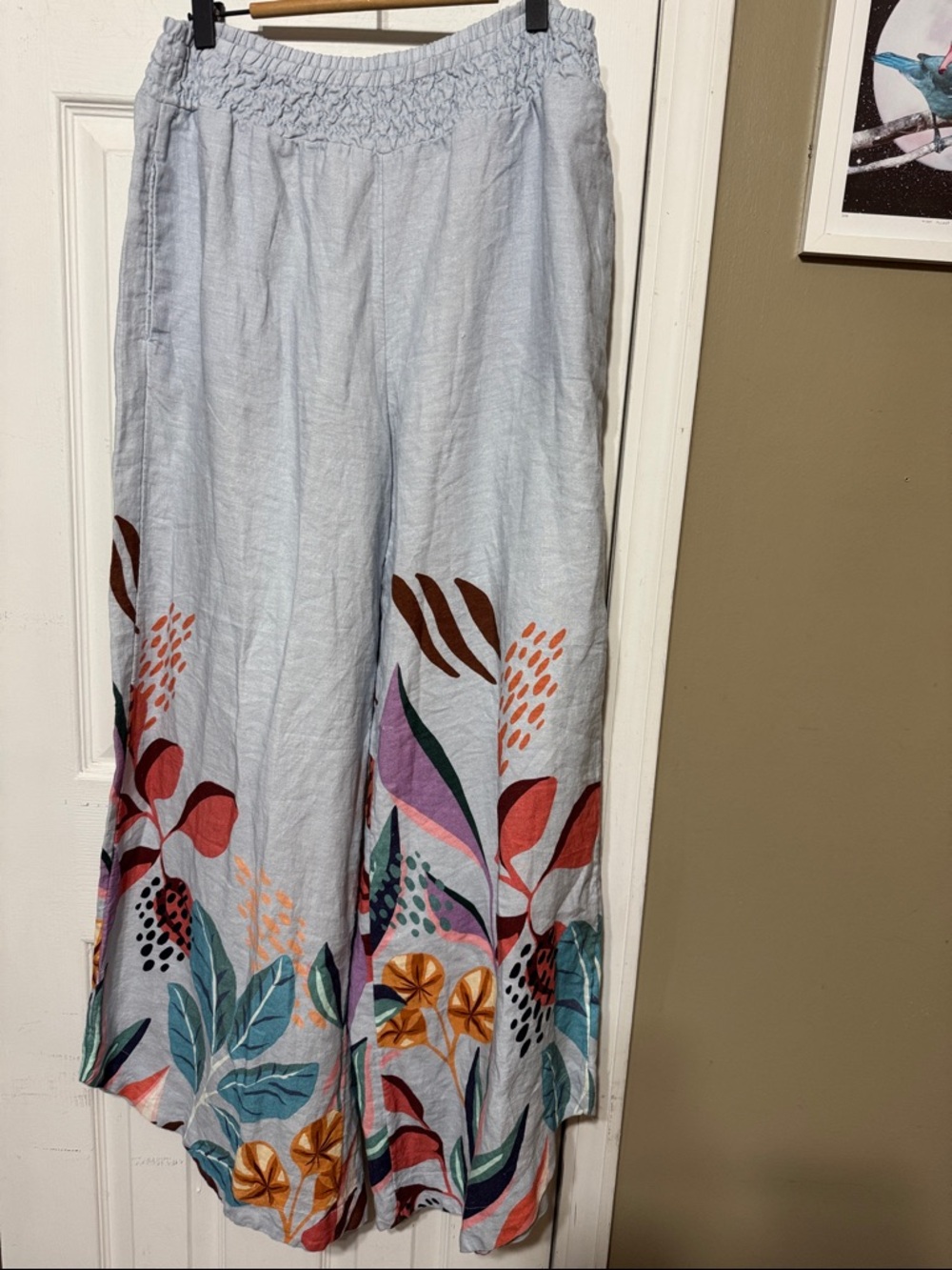 Soft Surroundings 100% Linen Light Blue Wide-Leg Floral Palazzo Pants Small
